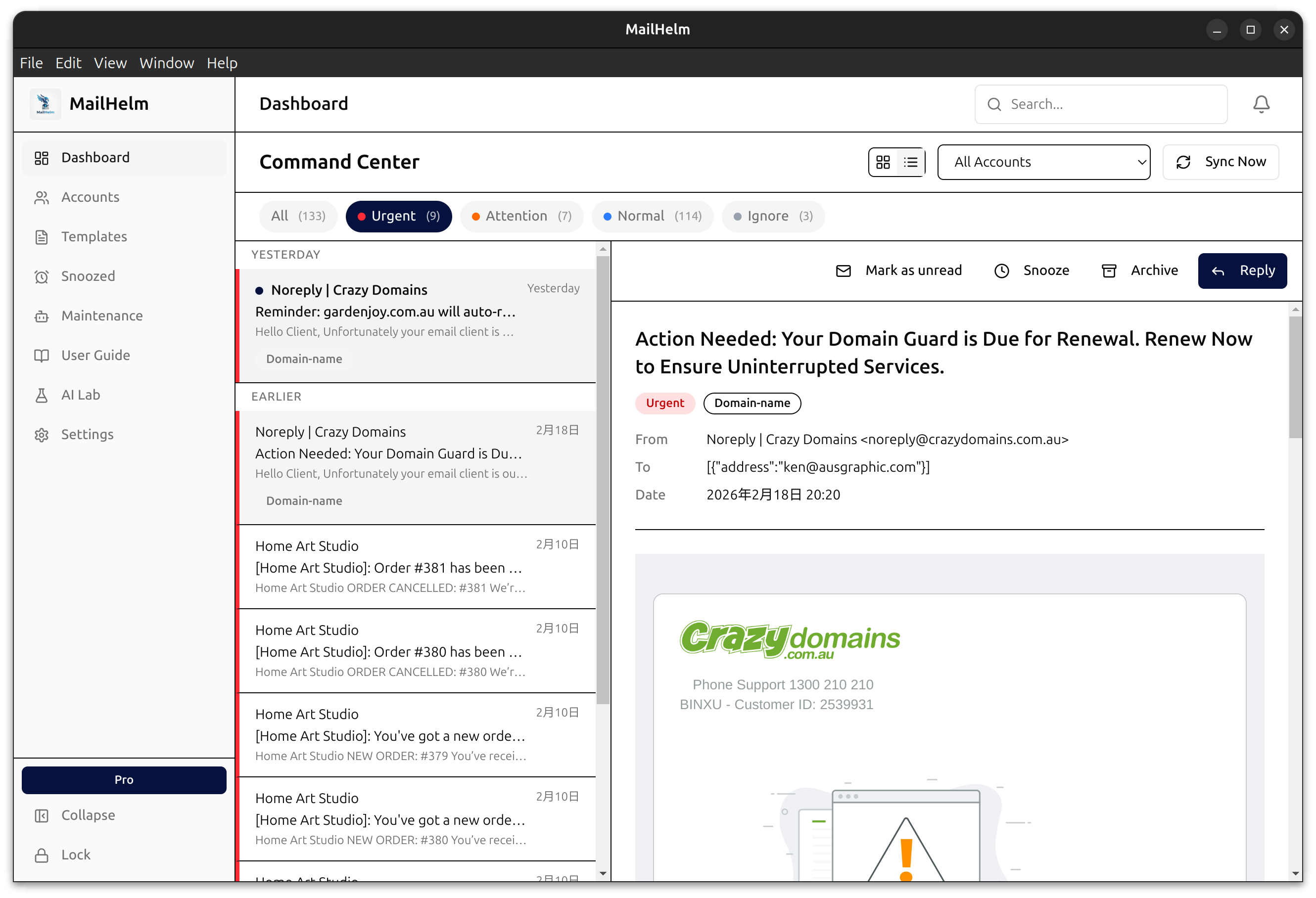 MailHelm Dashboard — Kanban board with priority-sorted emails
